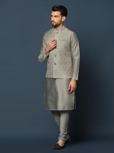Kisah MenS Silver Kurta Jacket Churidar Set Cotton Blend, Woven Design, Full Sleeves, Straight, Regular Fit, Mandarin Collar Et