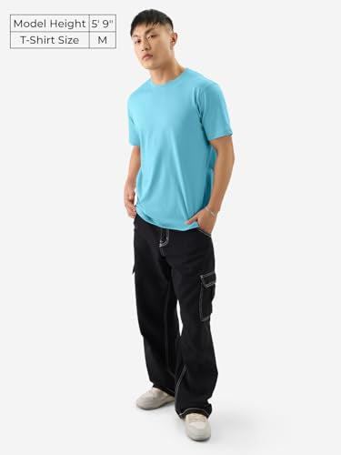 The Souled Store Solids: Airy Blue Men and Boys Short Sleeves Round Neck Regular Fit Cotton T-Shirts