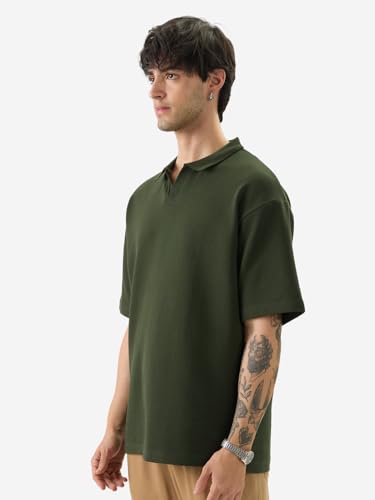 The Souled Store Solids: Dark Olive Green Men And Boys Short Sleeves Collared Neck Textured Cotton Blend Oversized Polos