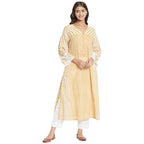 Fabindia Women Neck Hand Block Printed Cotton Long Kurta Funnel_Xl Yellow