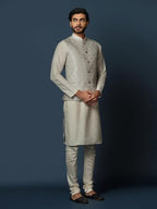 Kisah MenS Silver And Cream Kurta Jacket Churidar Set Cotton Blend, Woven Design, Full Sleeves, Straight, Regular Fit, Mandarin