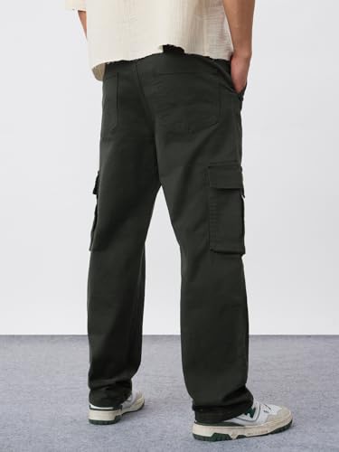 The Souled Store Cargo Jeans: Dark Moss Men and Boys Buttoned Cotton Blend Straight Fit Cargo Jeans