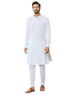 See Designs Mens Long Sleeve Mandarin Collar Side Slit White Embroidered Chikankari Pure Cotton Straight Kurta with Pyjama - SD