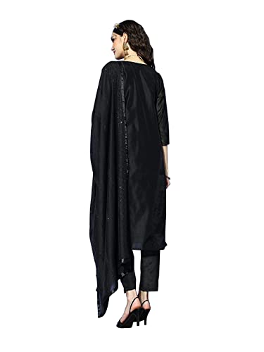 Ishin Women'S Black Embellished A-Line Kurta Set With Trouser And Dupatta