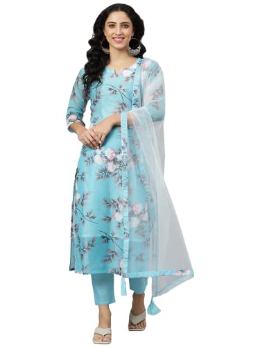 Anni Designer WomenS Cotton Blend Printed Straight Kurta With Pant & Dupatta (Itta Sty Blue_Xl_Blue_X Large)