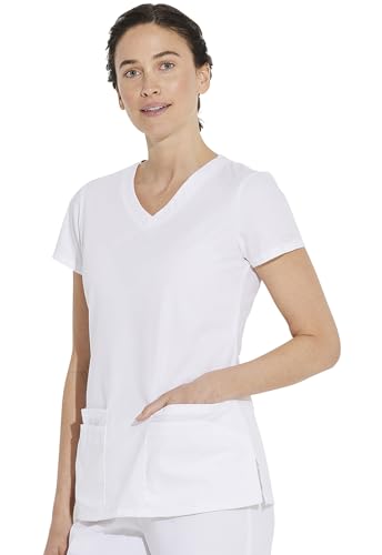 Dickies Women's EDS Signature V-Neck Top with Multiple Patch Pockets, White, Large