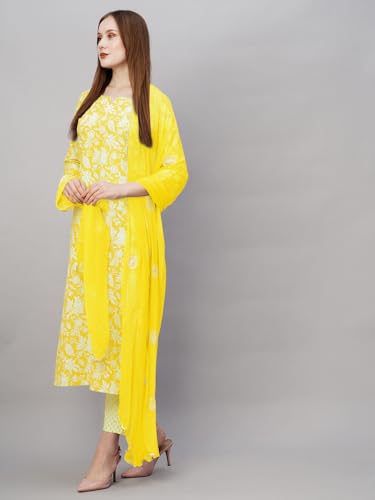 ANNI DESIGNER Womens Cotton Blend Straight Printed Kurta with Pant & Dupatta (MEI Yellow-NW_M_Yellow_Medium)