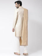 Kisah MenS Indo-Western Sherwani Churidar With Dupatta Set, Cream Brocade Woven Design Regular Fit Mandarin Collar Full Sleeves