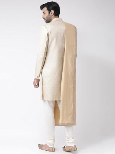 Kisah MenS Indo-Western Sherwani Churidar With Dupatta Set, Cream Brocade Woven Design Regular Fit Mandarin Collar Full Sleeves