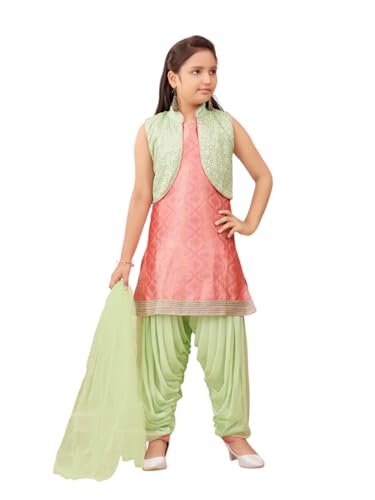 Aarika Girls Ethnic Wear Pink-Sea Green Colour Sequin Embroidery Brocade Kurti Patiala With Dupatta(10-15 Years)