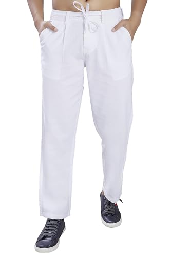 Divisive MenS Relaxed Fit Front Pleated Cotton Linen Trousers (Dpt31_32_White)