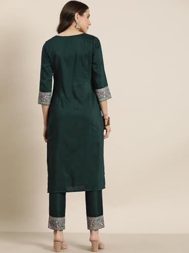 Ziyaa Women'S Art Silk Green Color Chinon Straight Foil Printed Kurta And Pant Set