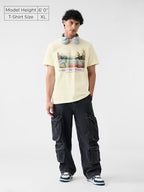 The Souled Store Relaxed T-Shirt: Lake Scene Men and Boys Short Sleeves Round Neck Off White Graphic Printed Cotton Relaxed Fit
