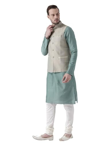 Kisah Men Green Cream Solid Banarasi Kurta With Churidar Nehru Jacket, Full Sleaves, Knee Length, Straight, Regular Fit, Mandari