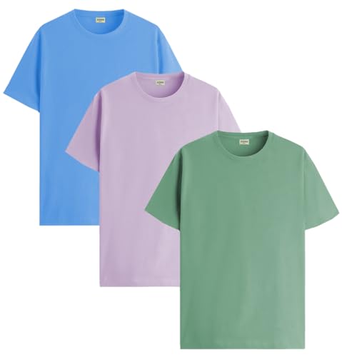 ADRO Men's Solid Regular Fit T-Shirt (RCM3-PLN-PU-SK-PT_Purple,Sky Blue,Pista