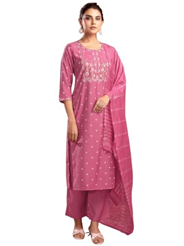 Sanisa Women'S Silk Blend Pigment Print & Embroidery Straight Kurta With Pant And Dupatta Set (213Kbd2253N-S_Pink)