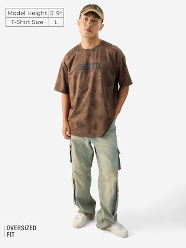 The Souled Store Official One Piece: Pirate Tales Short Sleeve Round Neck Brown Graphic Printed Cotton Oversized T-Shirts For Me