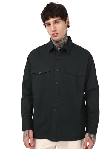 Bewakoof Mens Solid Oversized Fit Full Sleeve Collar Cotton Shirt_662124_Black_M