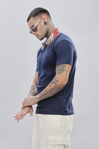 ADRO Mens V Neck Solid Cotton T-Shirt (VN-M-PLN-NB_Navy_2XL)