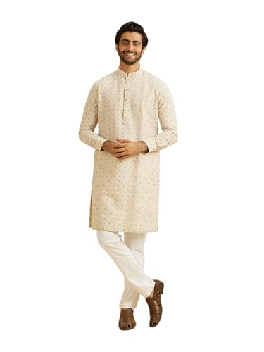 Manyavar MenS Linen Jacquard| Thread Work Long Kurta (Beige,Xxl)