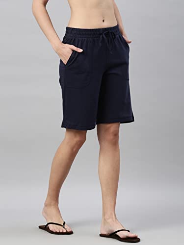 Enamor Essentials Womens Mid Rise Relaxed Fit 100% Cotton Knee Length Shorts Bermuda with Elasticated Waistband and Pockets - E