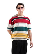 The Indian Garage Co Mens Oversized Striped Flatknit Half Sleeves Crew Neck Sweater