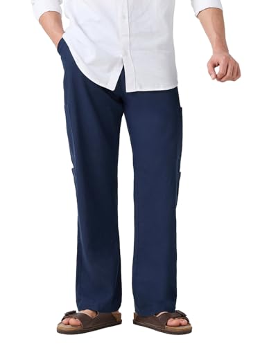 Bewakoof Mens Solid Regular Fit Cotton Linen Blend Cargo Casual Pants_677745_Blue_36