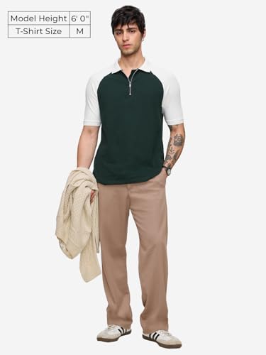 The Souled Store Colourblock Polo: Emerald Edge Men and Boys Short Sleeves Collared Neck Cotton Blend Regular Fit Zipper Polos