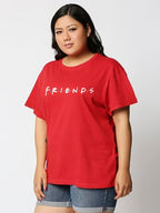 Bewakoof Official Friends Merchandise Womens Typography Boyfriend Fit Half Sleeve Round Neck Cotton Plus Size T-Shirt_384046_Re