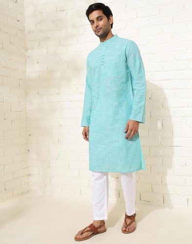 Fabindia MenS Cotton Woven Slim Long Kurta (1038412Teal_Teal