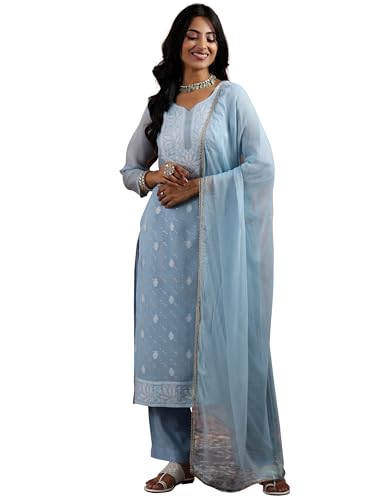Libas Womens Embroidered Organza Straight Kurta With Palazzos And Dupatta