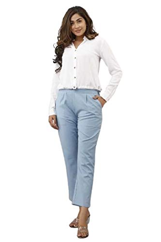 Digital Shopee Women Regular Fit Elastic Waist Full Length Cotton Formal Trouser For Casual Wear, Office Wear- (Sky Blue, Size- 