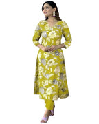 ANNI DESIGNER Womens Cotton Blend Straight Printed Kurta with Pant (DHUN Lemon_L_Lemon_Large)