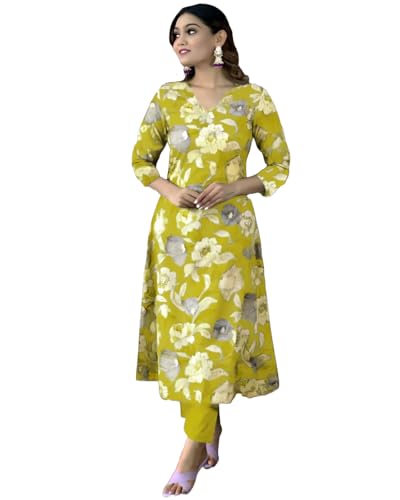 ANNI DESIGNER Womens Cotton Blend Straight Printed Kurta with Pant (DHUN Lemon_L_Lemon_Large)