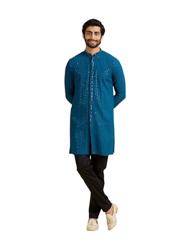 Manyavar MenS Viscose Chikankari Sequinned Kurta Trouser Set(Teal Blue,Xl)
