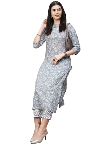 ANNI DESIGNER Womens Cotton Blend Straight Printed Kurta with Pant (Babita Grey_XL_Grey_X-Large)