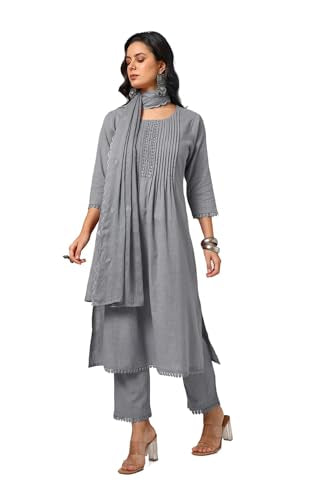 Soch Women Cotton Slub Solid Suit Set with Lace