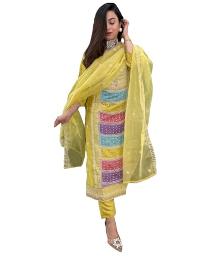 ANNI DESIGNER Womens Rayon Viscose Straight Embroidered Kurta with Pant & Dupatta (Art Lemon_M_Green_Medium)
