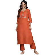 Varanga Women Rust Thread And Zari Embroidered Kurta With Bottom, Round Neck With Slit, Three-Quarter Sleeves, Straight Kurta Wi