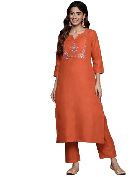 Varanga Women Rust Thread And Zari Embroidered Kurta With Bottom, Round Neck With Slit, Three-Quarter Sleeves, Straight Kurta Wi