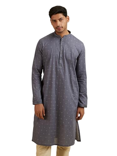 Manyavar MenS Cotton Jacquard Embroidered Kurta Pyjama Set (Grey,L)