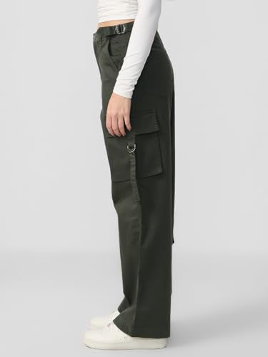 The Souled Store Utility Pants: Olive Women and Girls Buttoned Cotton Straight Fit Cargo Pants