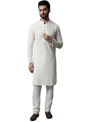 Jompers Men Cream Embroidered Pure Cotton Kurta With Pyjamas (Cream, M)