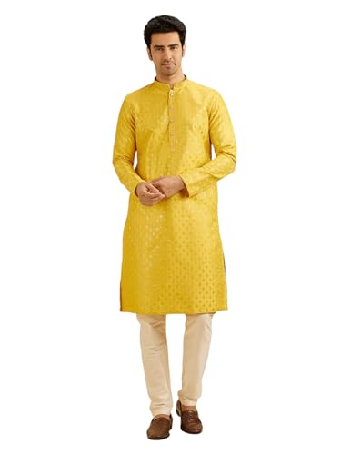 Manyavar MenS Art Silk Sequined Kurta Set (Yellow,M)