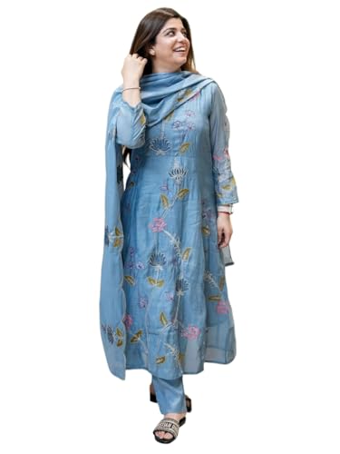 Anni Designer WomenS Rayon Viscose A-Line Embroidery Kurta With Pant & Dupatta (Eshani Blue-Vks01_Xxl_Blue_Xx-Large)
