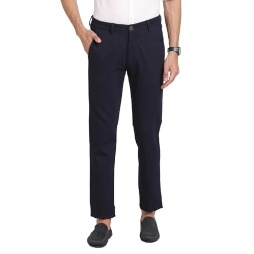 Turtle Men Cotton Stretch Dobby Print Ultra Slim Fit Navy Blue Casual Trouser