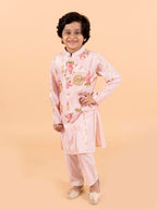 Pspeaches Kids-Boys Pink Floral Printed Pure Cotton Kurta With Trousers And Nehru Jacket
