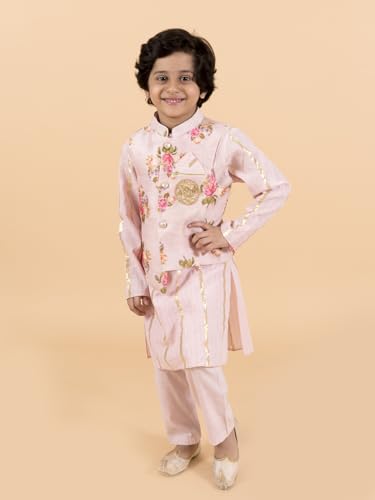 Pspeaches Kids-Boys Pink Floral Printed Pure Cotton Kurta With Trousers And Nehru Jacket