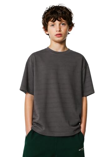 Alan Jones Clothing Boys Oversized TShirt With Embossed Stripe Design | Half Sleeve Round Neck Casual Tee For Kids (Dark Grey_1 15-16