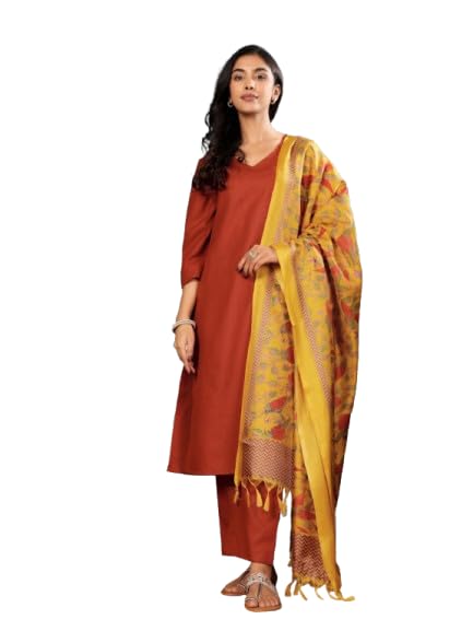 Varanga WomenS V-Neck Straight Kurta Set With Pants & Dupatta  Chic Ethnic Wear For Weddings, Festivals & Special Occasions (Sjs